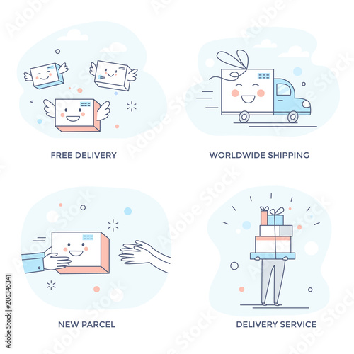 Delivery service concept icons, happy cute vector illustration