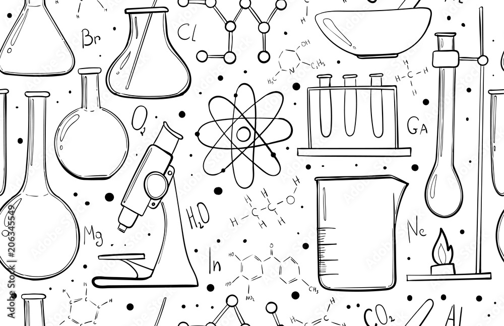 Laboratory equipment sketch seamless pattern. Science chemistry.  Microscope, Glass flasks and test tubes. Chemical experiments. Formulas,  elements and atoms. Outline objects Stock Vector | Adobe Stock