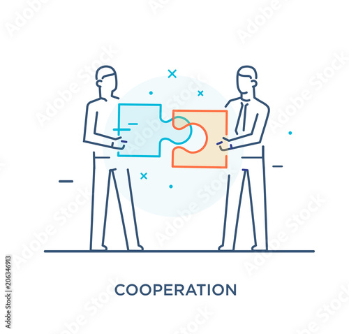 Businessmen connect puzzle. Joint efforts, success, union. Success Cooperation. line icon illustration © turbodesign
