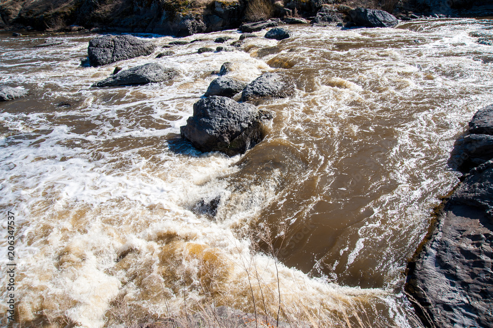 Naklejka premium a rough river with rapids in the forest, with splashes of water, under a blue sky, surrounded by forest