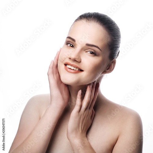 Young, beautiful girl with natural make-up, on white background