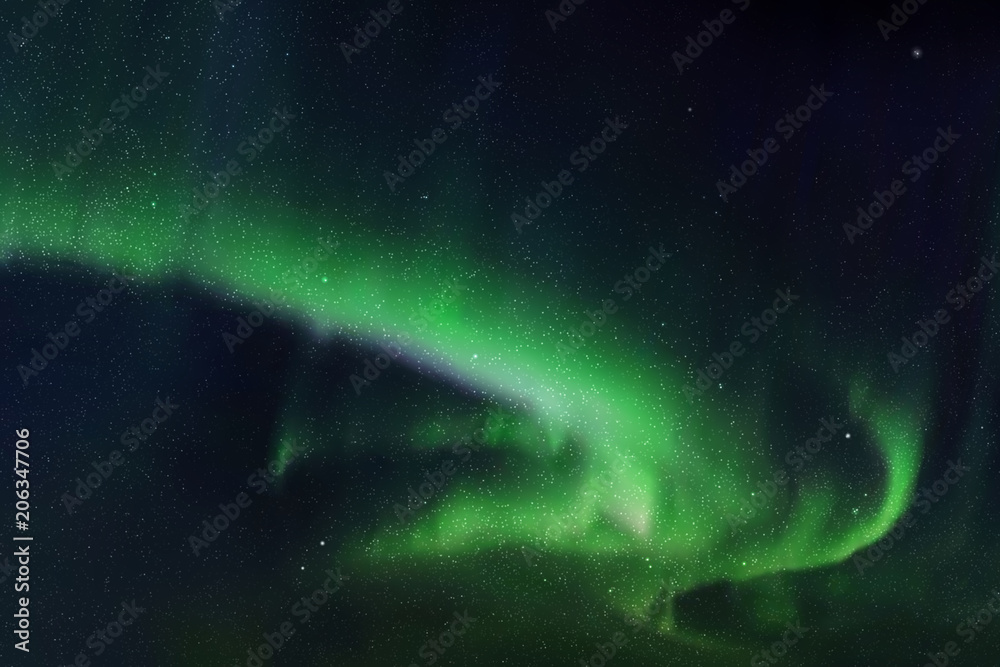 Fototapeta premium Night starry sky and Northern lights. Green aurora borealis
