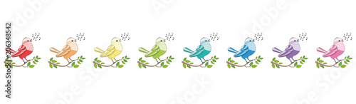 Songbirds in a row like a c-major line - eight rainbow colored twittering and chirping and singing birds. Comic illustration on white background.