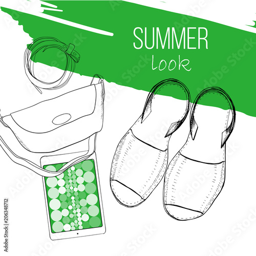 illustration of Fashion summer flat lay with sandal, woman bag, belt and tablet. Drawing, sketch design for blogger. Female doodles objects with lettering.