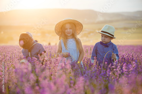 Three happy children in lavender field