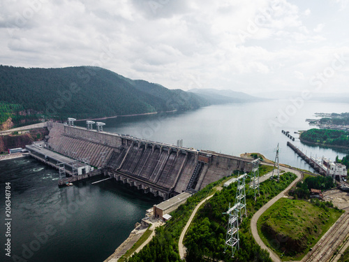 Krasnoyarsk dam and power plant on Enisey river from aerial view photo