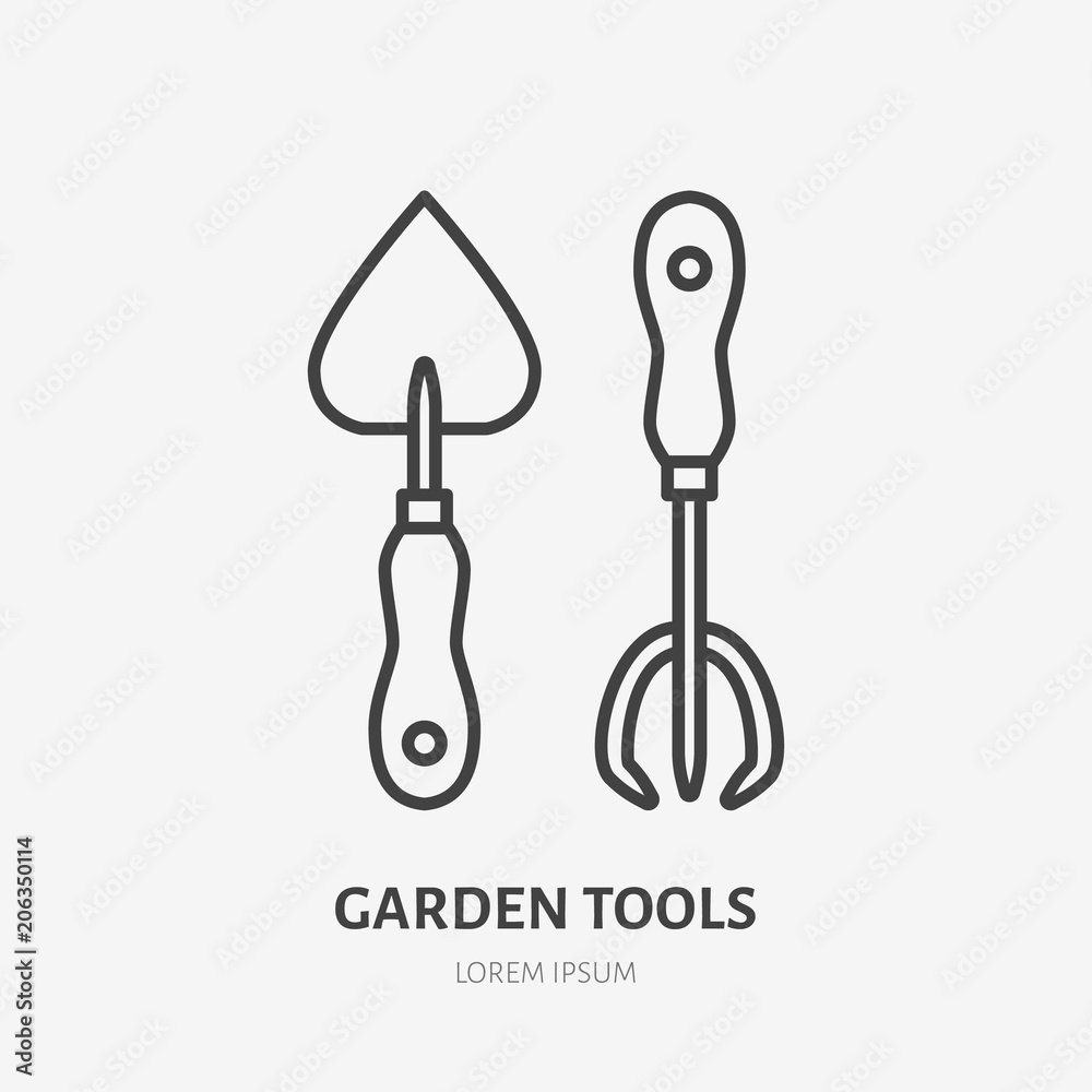 Garden work tools flat line icon. Shovel and fork sign. Thin linear logo for gardening, agriculture. Garden work tools flat line icon. Shovel and fork sign. Thin linear logo for gardening, agriculture.