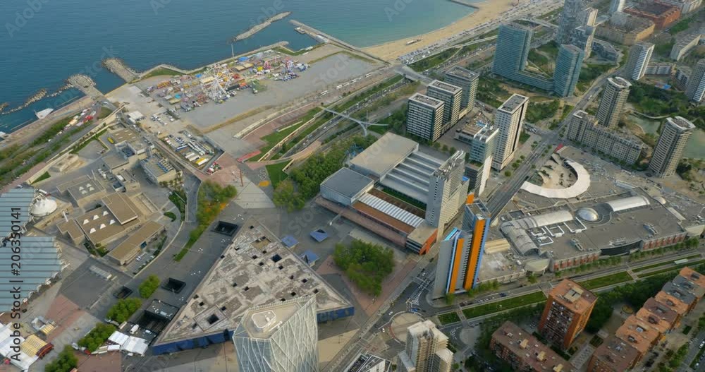 Barcelona aerial view of modern district with skyscrapers by the sea, Spain Barcelona aerial view of modern district with skyscrapers by the sea, Spain