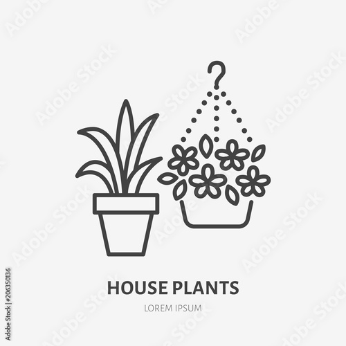 House flowers in flower pots flat line icon. Plants growing in flowerpot sign. Thin linear logo for gardening, planting.