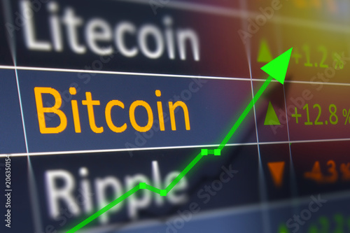 Cryptocurrency exchange chart for buying and selling.  Increasing and rising profits for business and financial gain.  Green arrow.