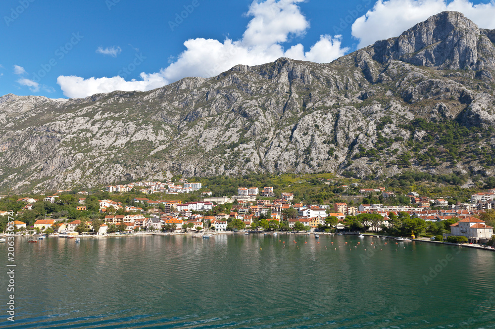 Montenegro. Boka Kotor Gulf. Top view on the picturesque coastal town of Dobrota
