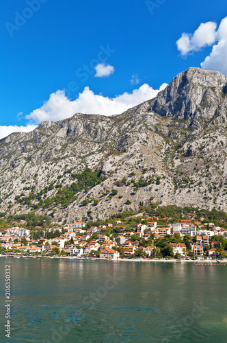 Montenegro. Beautiful town Dobrota on the coast of Boka Kotor Bay on a sunny summer day