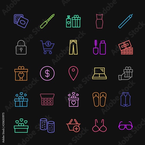 Modern Simple Colorful Set of clothes  shopping  valentine  beauty and cosmetics Vector outline Icons. Contains such Icons as  jacket   nail and more on dark background. Fully Editable. Pixel Perfect