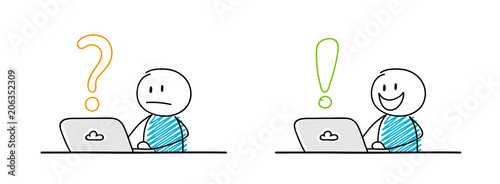 Set with funny stickmen working on laptop with question mark and exclamation point icons. Vector.