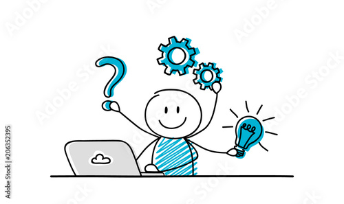 Conceptual illustration with cartoon stickman showing process from idea to company success. Vector.