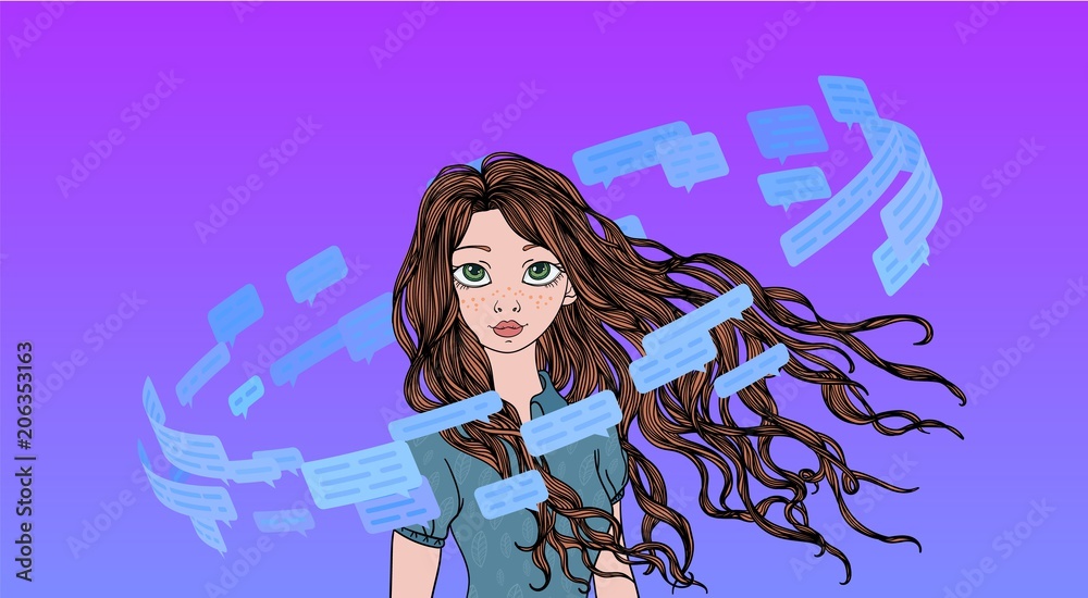 Beautiful teenage girl in the circle of text messages and speech bubbles. Social media living. Line vector illustration. Beautiful teenage girl in the circle of text messages and speech bubbles. Social media living. Line vector illustration.