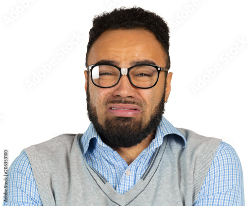 Multicultural man geek expressing frustration and anxiety isolated on white background