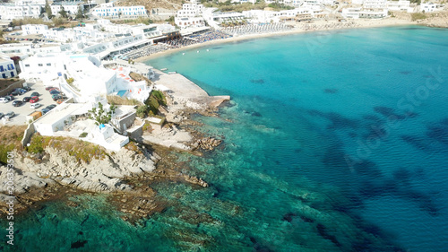 Aerial drone, bird's eye view photo of famous area and beach of Platy Gialos, Mykonos, Cyclades, Greece © aerial-drone