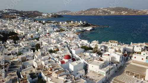 Aerial photo of iconic view from chora of Mykonos island little Venice area, Cyclades, Greece
