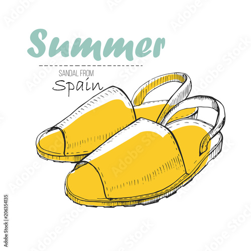 illustartion of drawing sandal from Spain with lettering text. Summer woman shoe for log design. photo