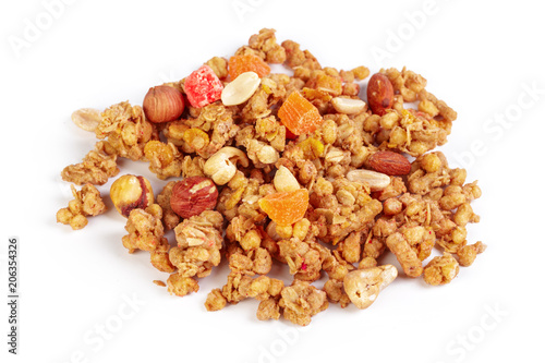 Granola with dried fruits isolated on white