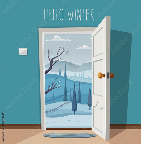 Open door. Valley landscape. Cartoon vector illustration. Vintage poster. Welcome to winter