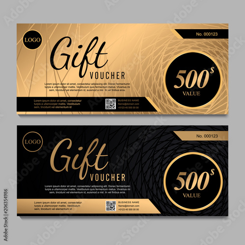 Discount voucher template with gold and black certificate. Background design coupon, invitation, currency. Set of stylish discount voucher gold and black. gift card, coupon.