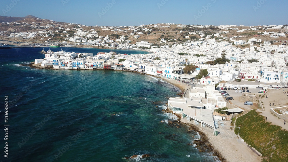Aerial drone bird's eye view photo of iconic little Venice in old town of Mykonos island, Cyclades, Greece