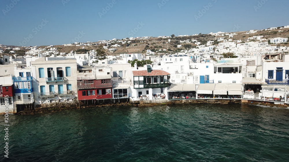 Aerial drone bird's eye view photo of iconic little Venice in old town of Mykonos island, Cyclades, Greece Aerial drone bird's eye view photo of iconic little Venice in old town of Mykonos island, Cyclades, Greece