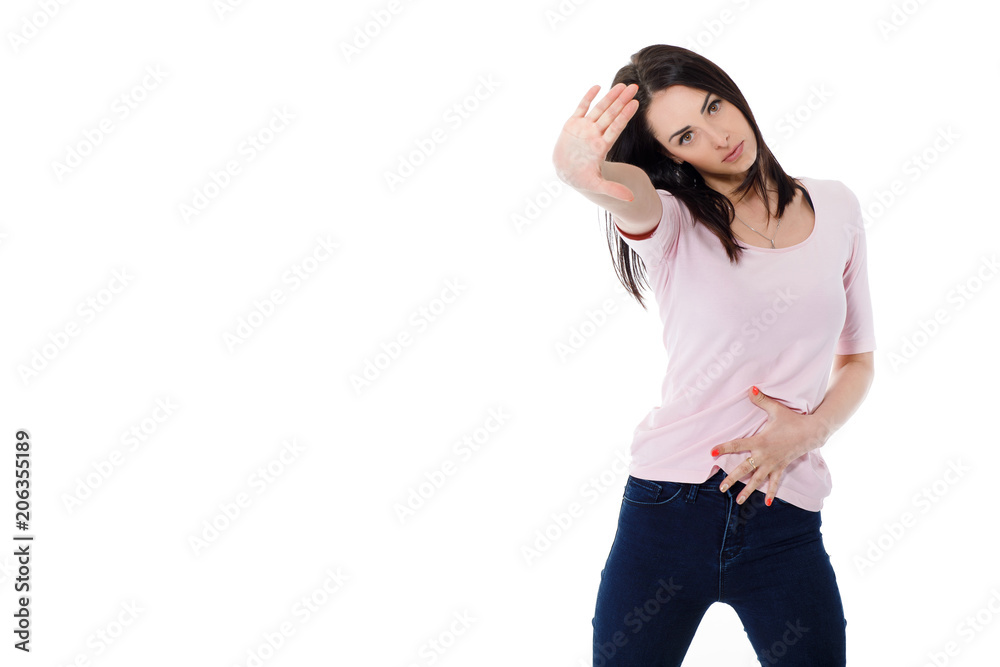 beautiful brunette woman in pink t-shirt beautiful brunette woman in pink t-shirt