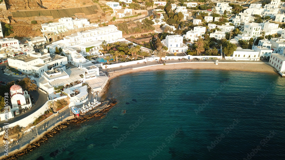 Aerial photo of iconic view from chora of Mykonos island little Venice area, Cyclades, Greece