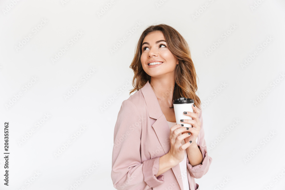 Cute lady standing isolated drinking coffee. Cute lady standing isolated drinking coffee.