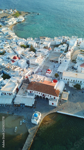 Aerial photo of iconic view from chora of Mykonos island little Venice area, Cyclades, Greece © aerial-drone