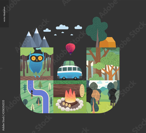 Simple things - forest set on a black background - flat cartoon vector illustration of owl in forest, top view, river, woods, fire wood, log, wildlife, landscape, camping, van and tent - composition