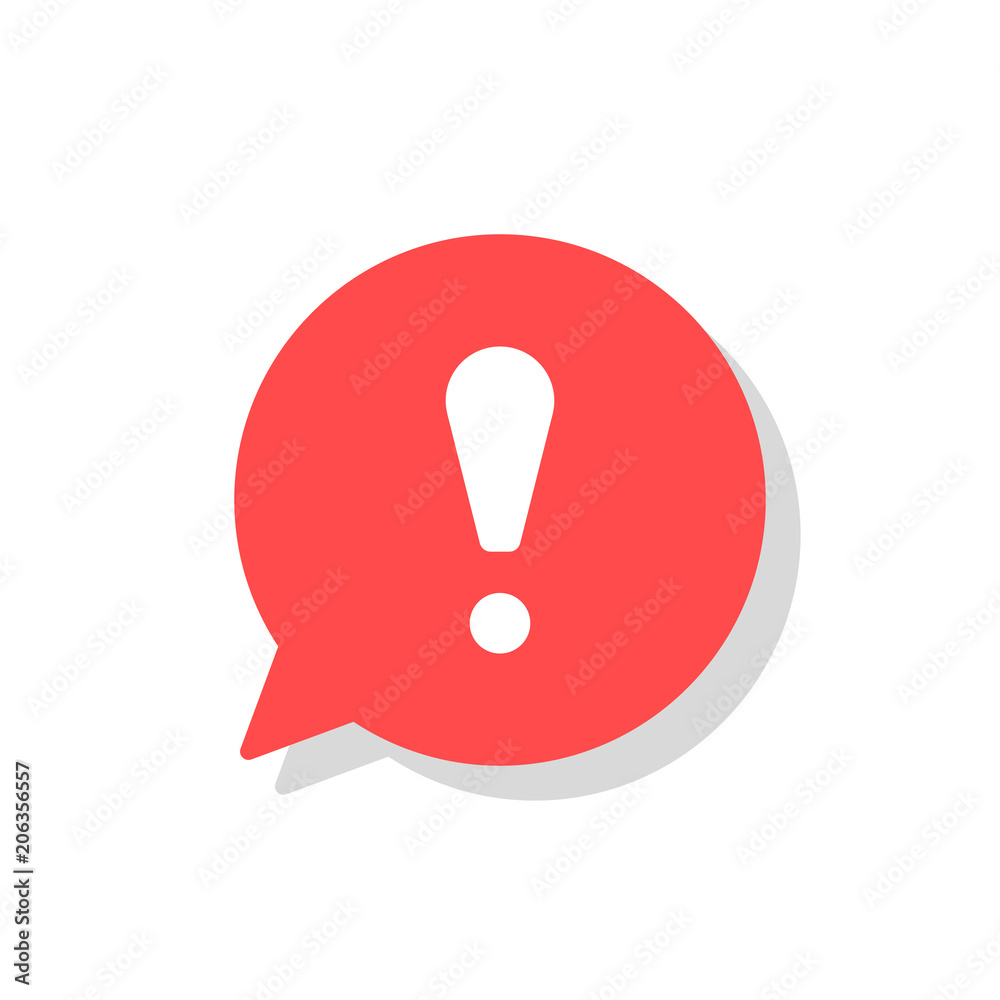 Exclamation mark in bubble speech vector icon. concept os attention or warning sign. Danger information or risk info icon. Flat vector illustration isolated on white background. Exclamation mark in bubble speech vector icon. concept os attention or warning sign. Danger information or risk info icon. Flat vector illustration isolated on white background.