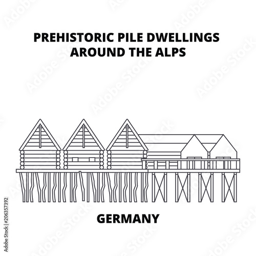 Germany, Prehistoric Pile Dwellings Around The Alps line icon, vector illustration. Germany, Prehistoric Pile Dwellings Around The Alps linear concept sign.