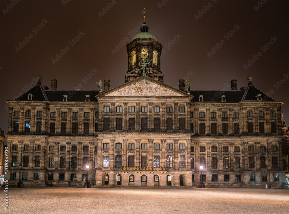 Amsterdam May 18 2018 -The old city hall and now the royal palace. Build by Napoleon in the 1800s by night