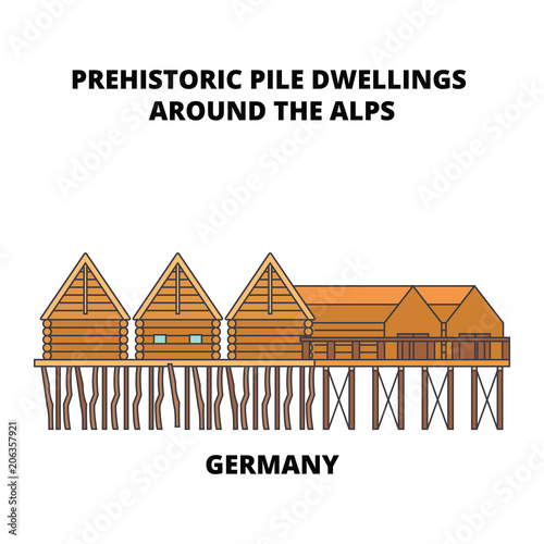 Germany, Prehistoric Pile Dwellings Around The Alps line icon, vector illustration. Germany, Prehistoric Pile Dwellings Around The Alps flat concept sign.