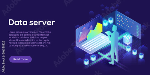 Hosting server isometric vector illustration. Abstract 3d datacenter or data center room background. Network mainframe infrastructure website header layout. Computer storage or farming workstation.