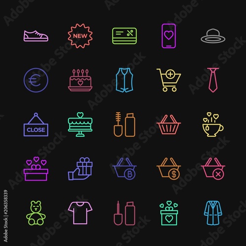 Modern Simple Colorful Set of clothes, shopping, valentine, beauty and cosmetics Vector outline Icons. Contains such Icons as usd, online and more on dark background. Fully Editable. Pixel Perfect