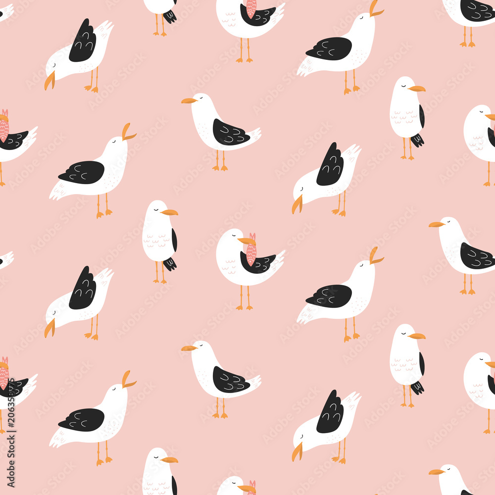 Modern childish seamless pattern with seagulls in vector. Cute cartoon seagulls.  Summer vacation. Good for print.