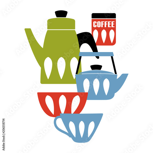 Mid Century Modern Kitchen Poster.  Enamelware teapot and ceramic utensil. Vector illustration.