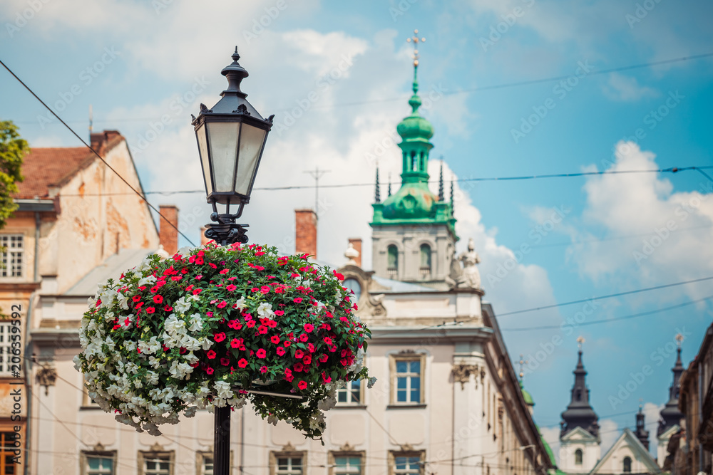 Closeup of lantern on Market square in Lviv, Ukraine Closeup of lantern on Market square in Lviv, Ukraine