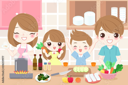 happy family cooking in kitchen