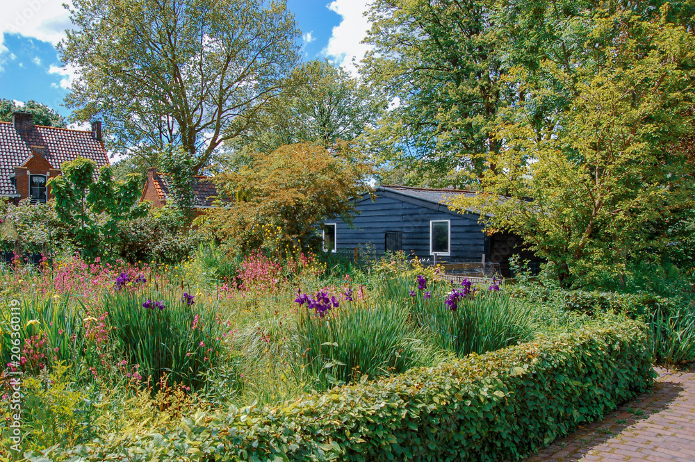 Floral border with barn behind a farm. Floral border with barn behind a farm.