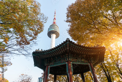Photography Seoul Tower with yellow and red autumn maple leaves at Namsan mountain in South Korea