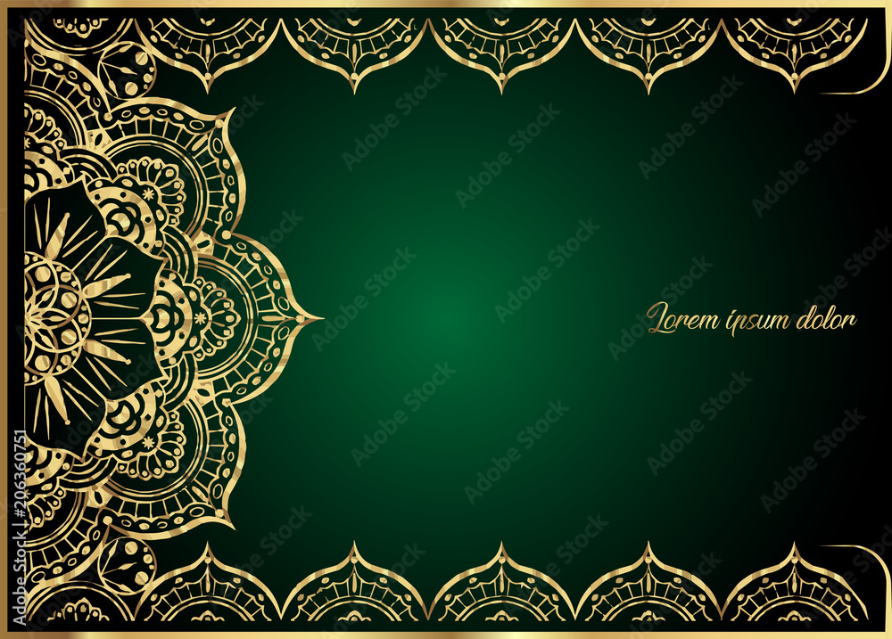 Gold vintage greeting card on green background. Luxury ornament template.  Great for invitation, flyer, menu, brochure, postcard, pink background,  wallpaper, decoration, any desired idea. Orient style Stock Vector | Adobe  Stock