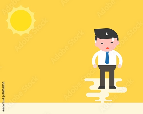 Businessman stand with sweats under the sun, hot weather and hight temperature concept