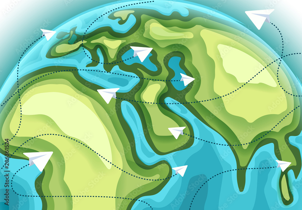 World map with aircraft paths vector illustration
