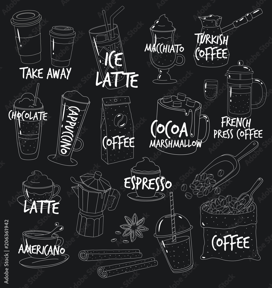 This is coffee set on the black background.
